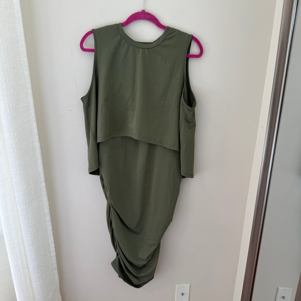SHEIN XXL Olive Green Sleeveless Layered Ruched Midi Dress Casual